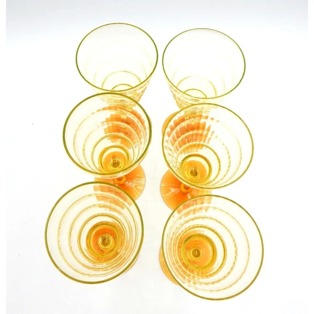Utility Glass Works Cambodia Ware Wine Water Goblet Vaseline Amber Foot S/6